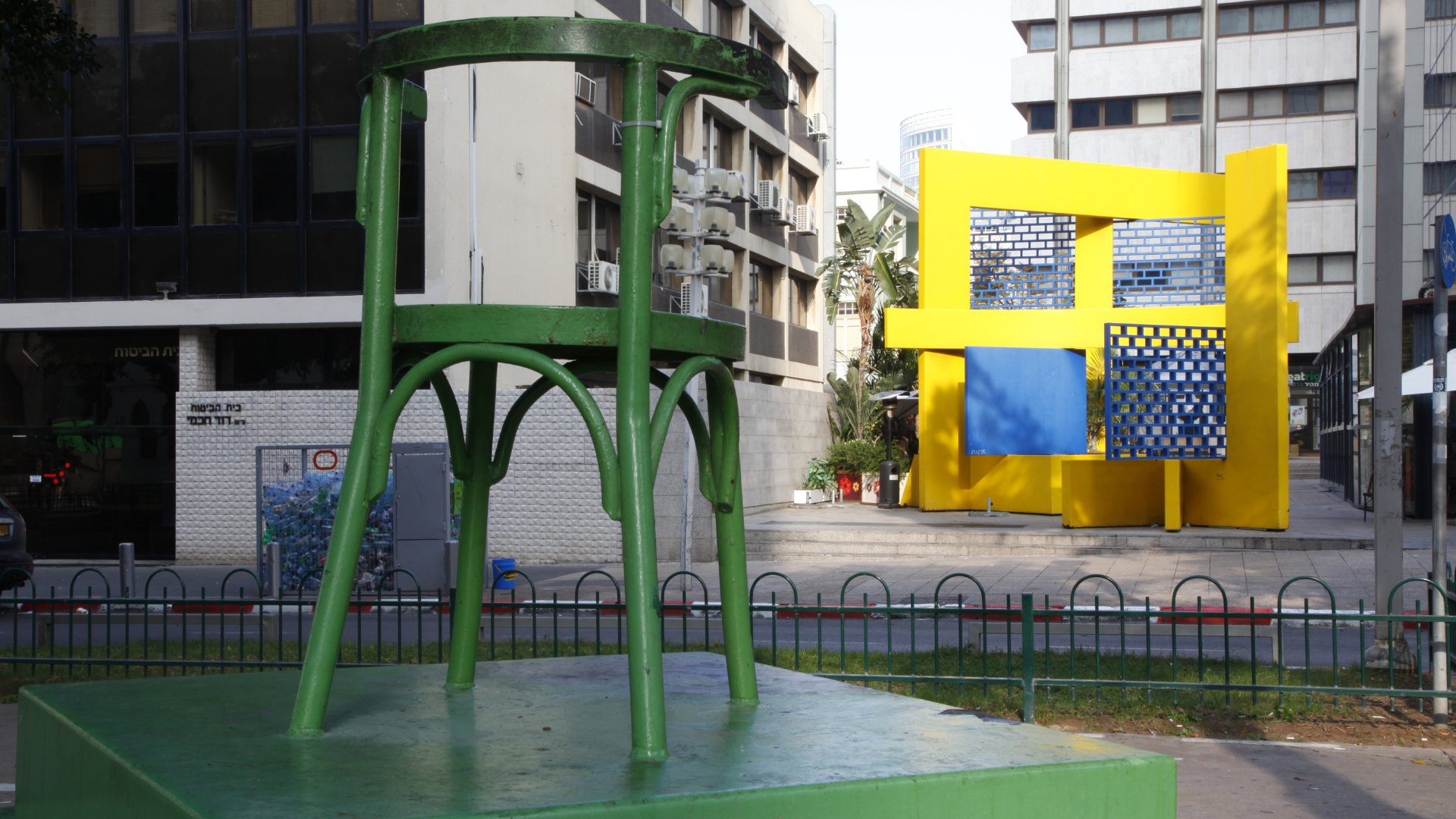 Window to the Boulevard (1992) by Buky Schwartz — Painted steel and chair